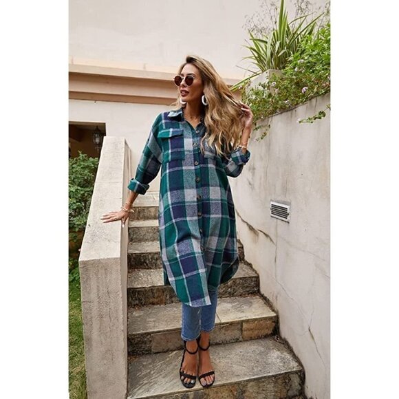 Casual Green Plaid Button Down Long Puff Sleeve Trench Coat Jacket Shacket Wool - Picture 7 of 10
